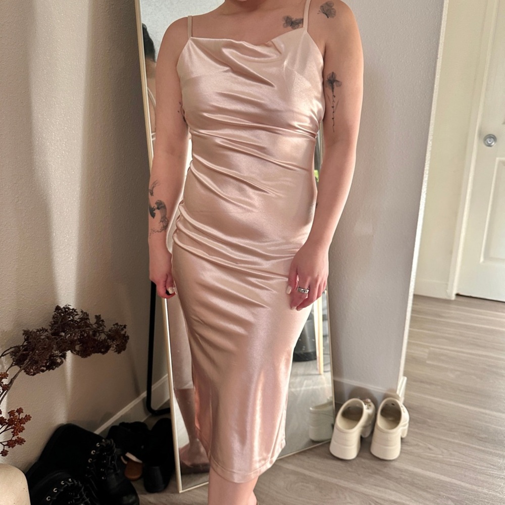 Satin Cowl Neck Midi Cocktail Dress